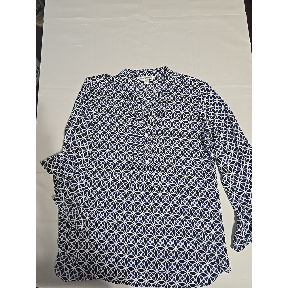 Counterparts Women's Blue Geometric Print Ruffle Sleeve V Neck Blouse Top Medium